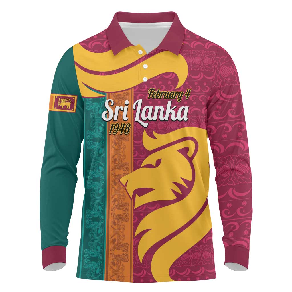 Sri Lanka Independence Day Long Sleeve Polo Shirt Sri Lankan Lion Mix Sinhalese Pattern - Wonder Print Shop