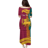Maroon long puletasi dress back view with short sleeves and colorful lion banner print