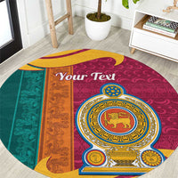 Round maroon, teal, and orange carpet with ornate lion emblem and border