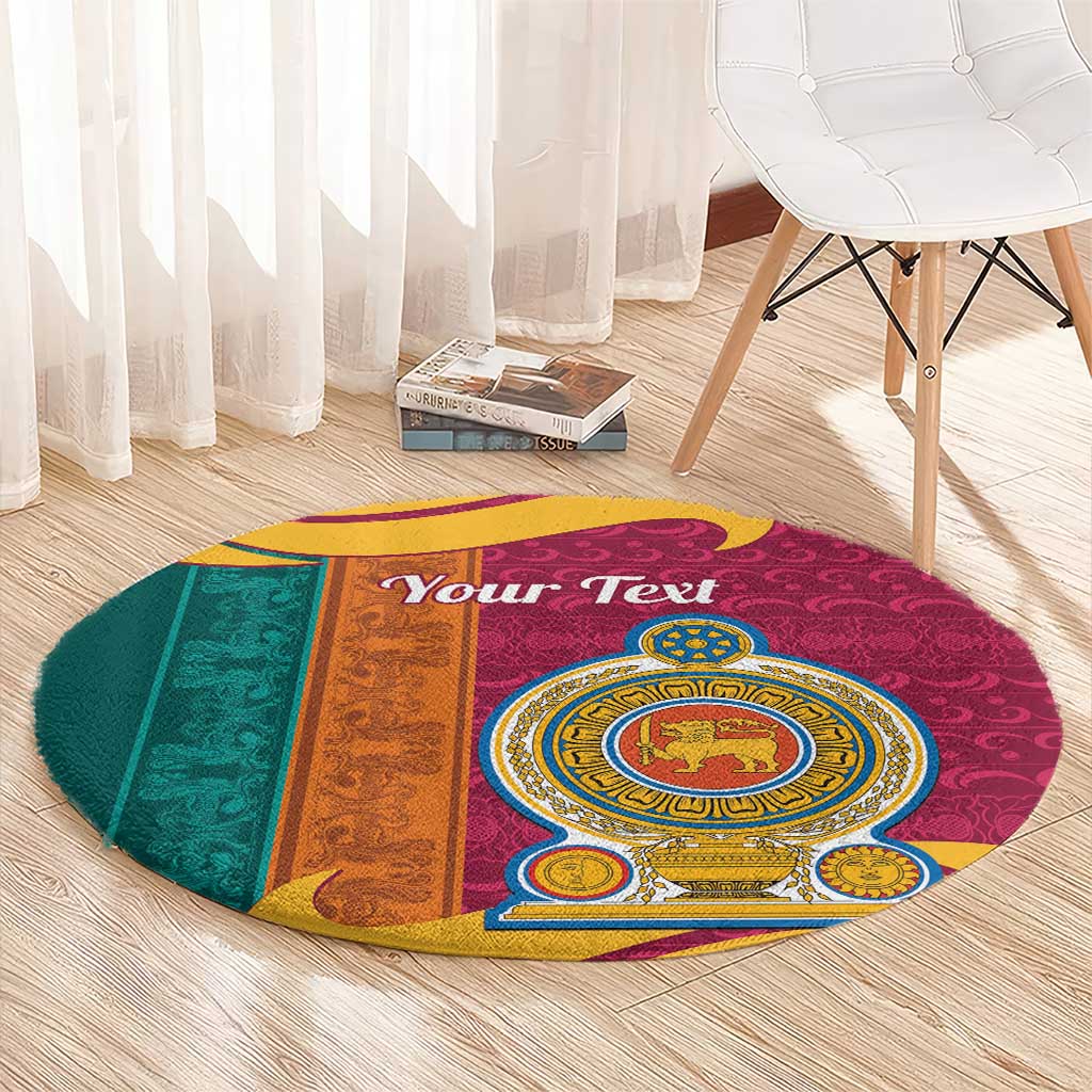Round maroon rug with gold-trimmed lion emblem, teal and orange side panels
