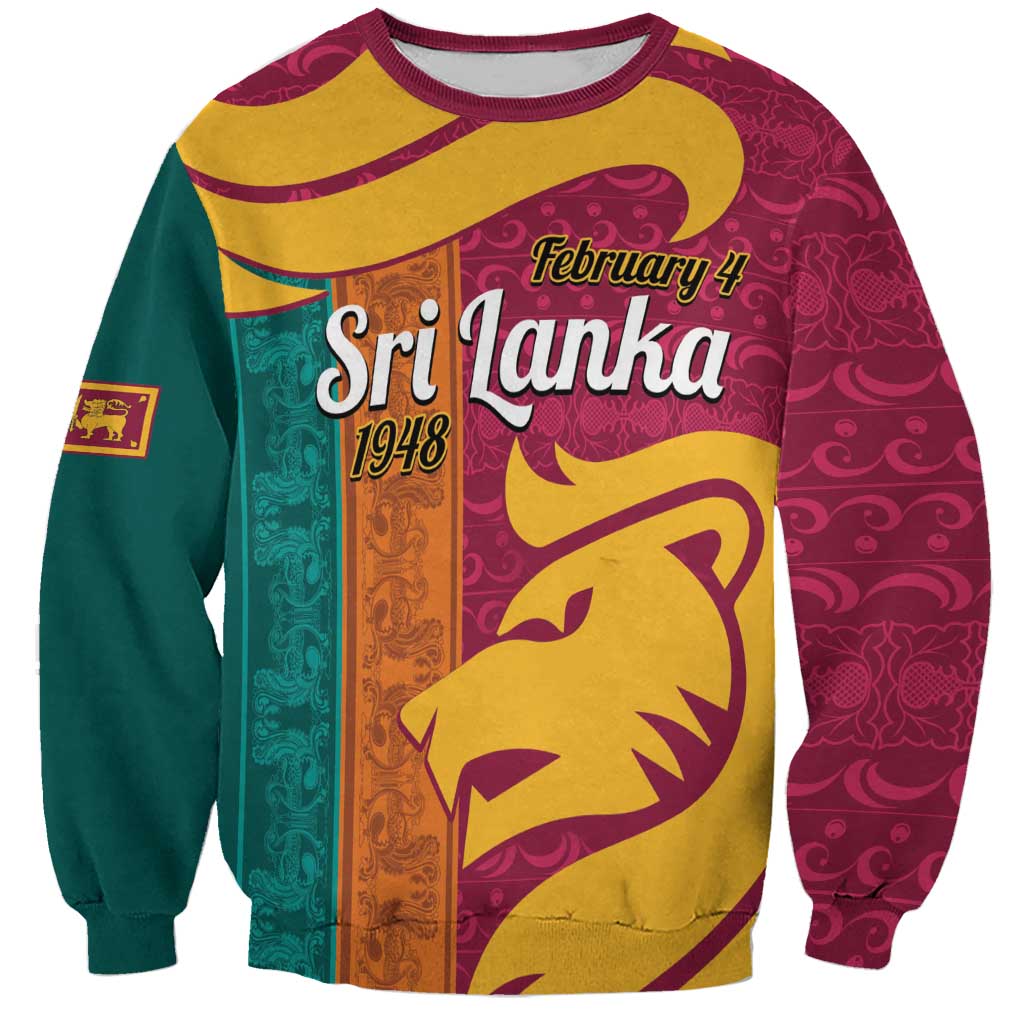 Maroon crewneck sweatshirt with Sri Lanka text, lion graphic, and patterned panels