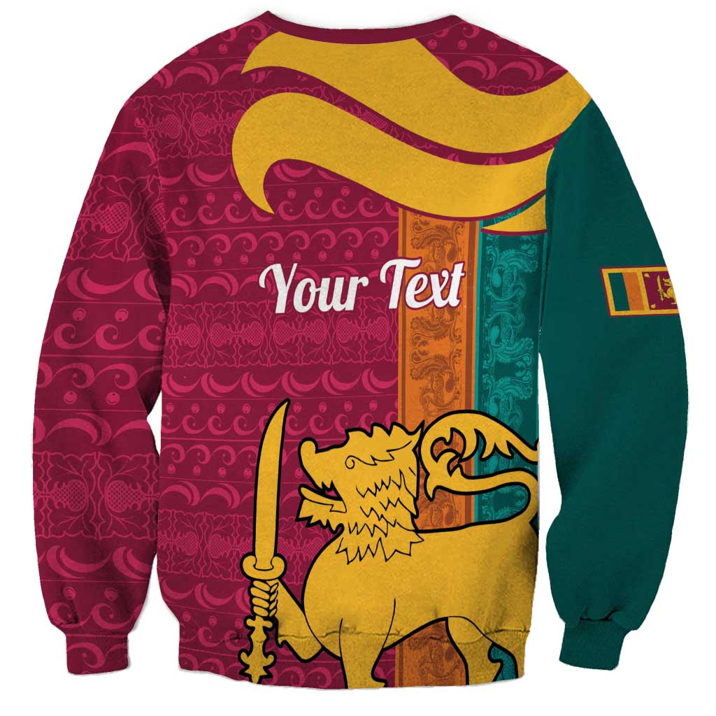 Maroon crewneck sweatshirt with Your Text and lion graphic over patterned background