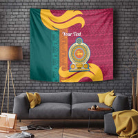 Sri Lanka themed tapestry with lion emblem, green maroon gold stripes and swirled pattern.