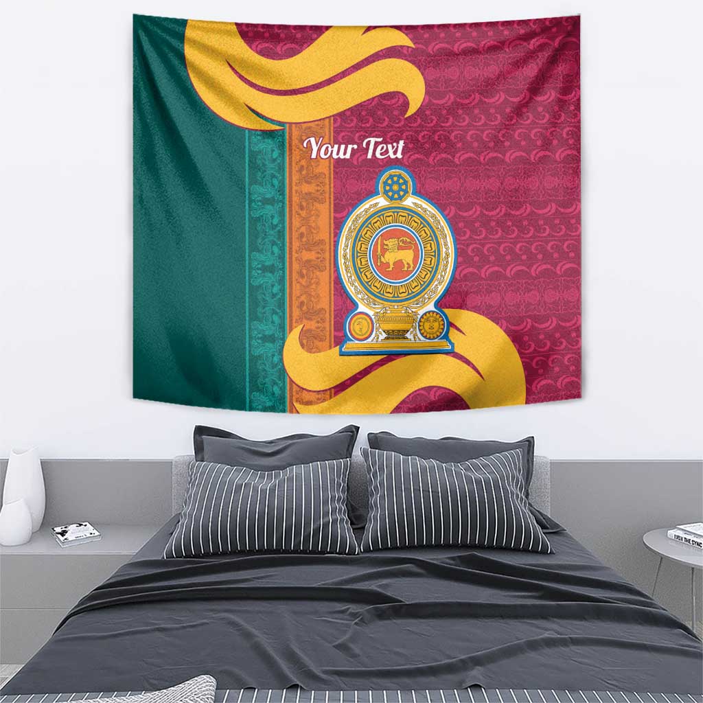 Sri Lanka themed wall tapestry with lion emblem, green and maroon with gold trim pattern.