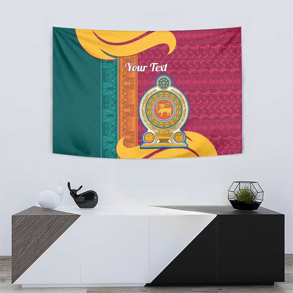 Sri Lanka tapestry with lion crest and 'Your Text' in center, green maroon gold ornate design.