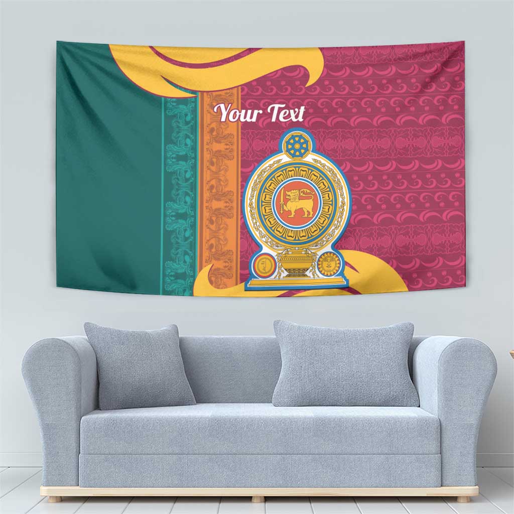 Sri Lanka tapestry with lion crest, 'Your Text' title, green maroon gold ornate border pattern.