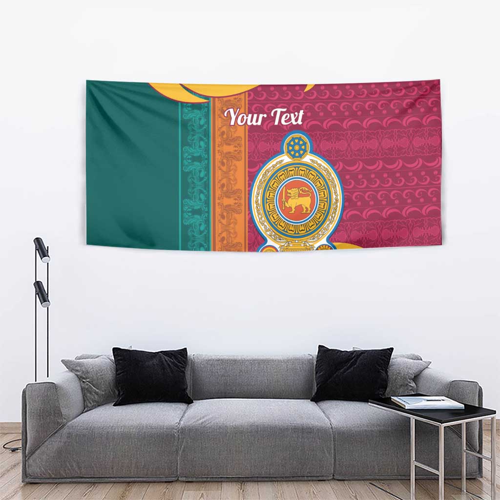 Sri Lanka tapestry on wall, lion crest seal with gold ring, green and maroon decorative swirls.