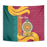 Sri Lanka tapestry close-up with lion crest, 'Your Text', green maroon gold swirls and bands.