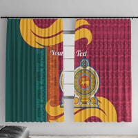 Maroon window curtain set with lion crest and crescent stripe panels, hanging side by side