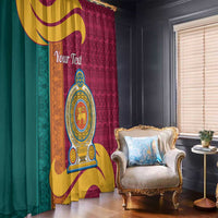 Maroon window curtain with circular lion crest emblem and multicolor striped paneling