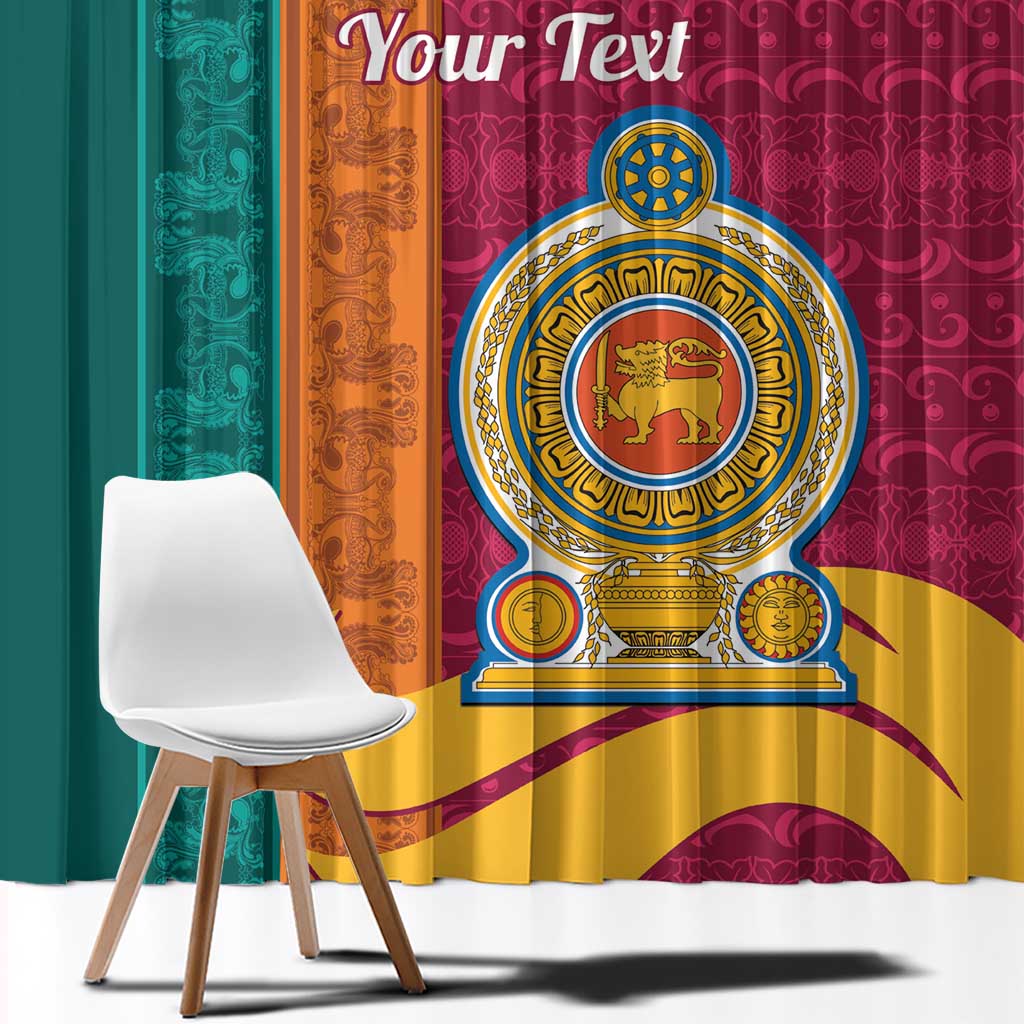 Maroon window curtain with large lion crest medallion and gold, teal, and orange accents
