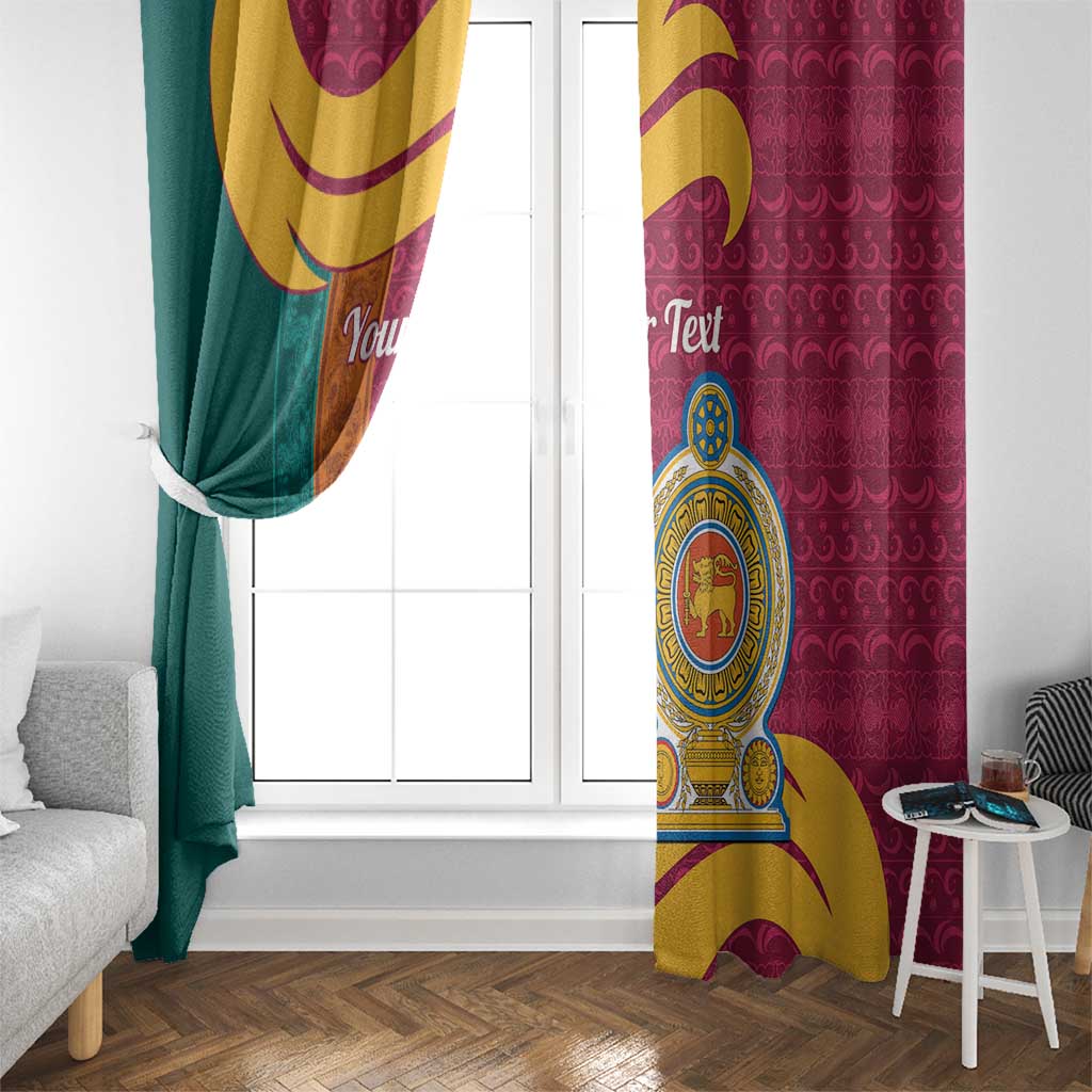 Maroon window curtain with lion crest emblem over a vertical decorative stripe panel