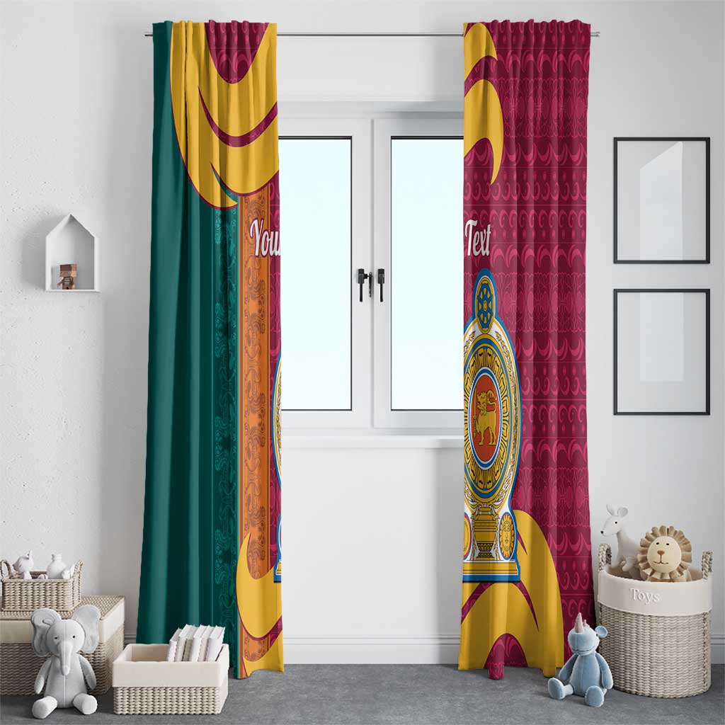 Maroon window curtain pair with teal and gold panels and circular lion crest medallion