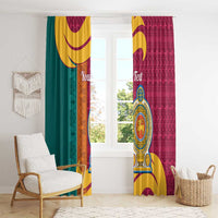 Maroon window curtains with lion crest emblem and multicolor stripe design, ready to hang