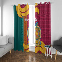 Maroon and teal window curtain set with lion crest emblem and vertical multicolor panels