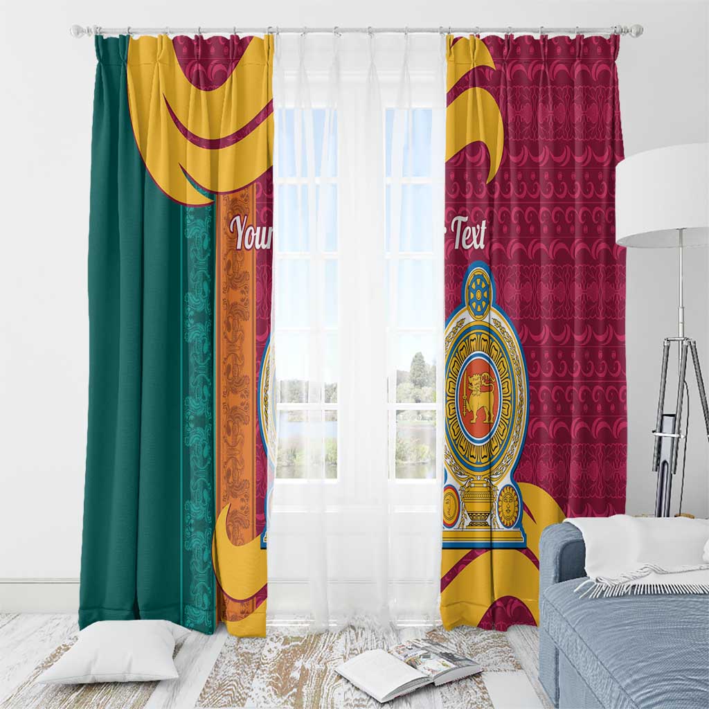 Maroon window curtain with lion crest emblem and multicolor stripe pattern, on grommet top
