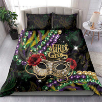 Mardi Gras duvet bedding set with masquerade mask, purple and green beads, and red roses