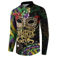 Black button-front long-sleeve sweatshirt with Mardi Gras mask and bead border graphic