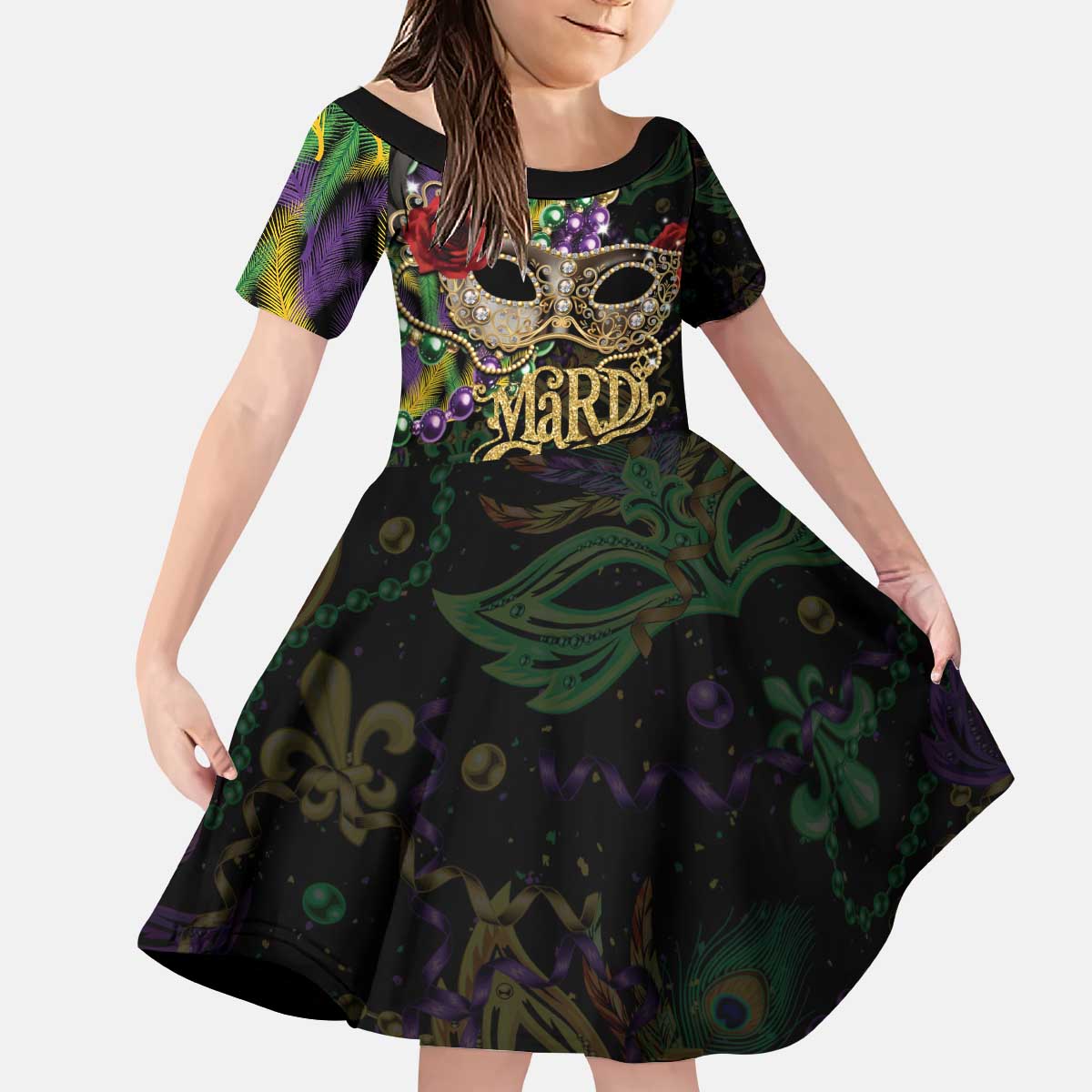 Mardi Gras 2025 Kid Short Sleeve Dress Beadeds With Gorgeous Mask - Wonder Print Shop