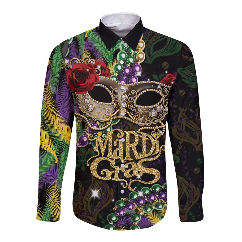 Mardi Gras 2025 Long Sleeve Button Shirt Beadeds With Gorgeous Mask - Wonder Print Shop