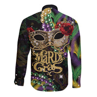 Unisex long-sleeve button-up shirt with back mask artwork and Mardi Gras lettering