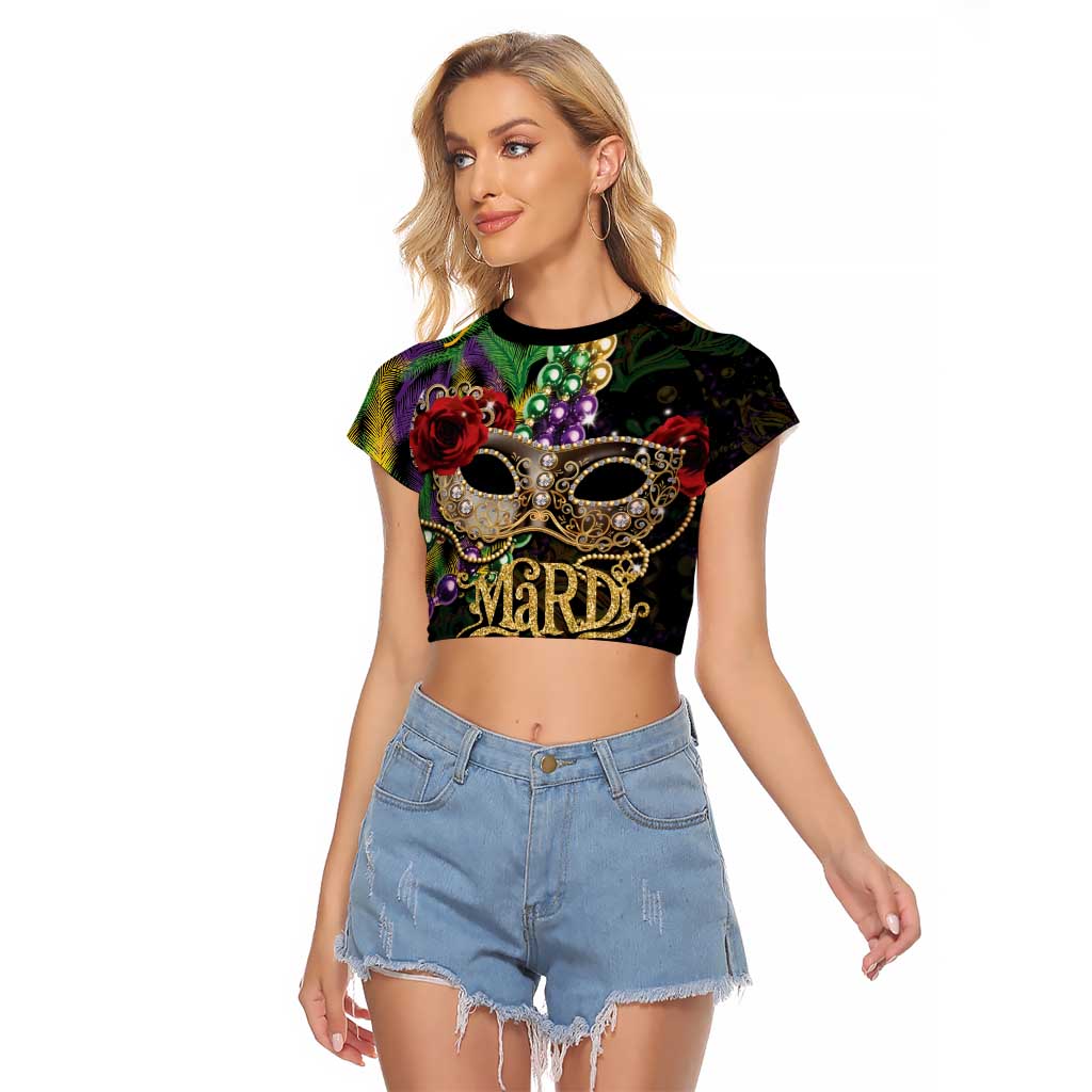 Mardi Gras 2025 Raglan Cropped T Shirt Beadeds With Gorgeous Mask - Wonder Print Shop