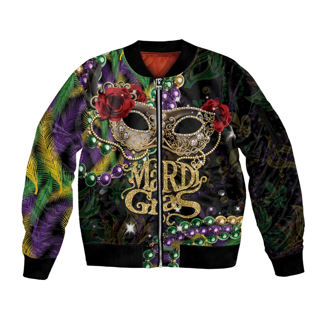 Mardi Gras 2025 Sleeve Zip Bomber Jacket Beadeds With Gorgeous Mask - Wonder Print Shop