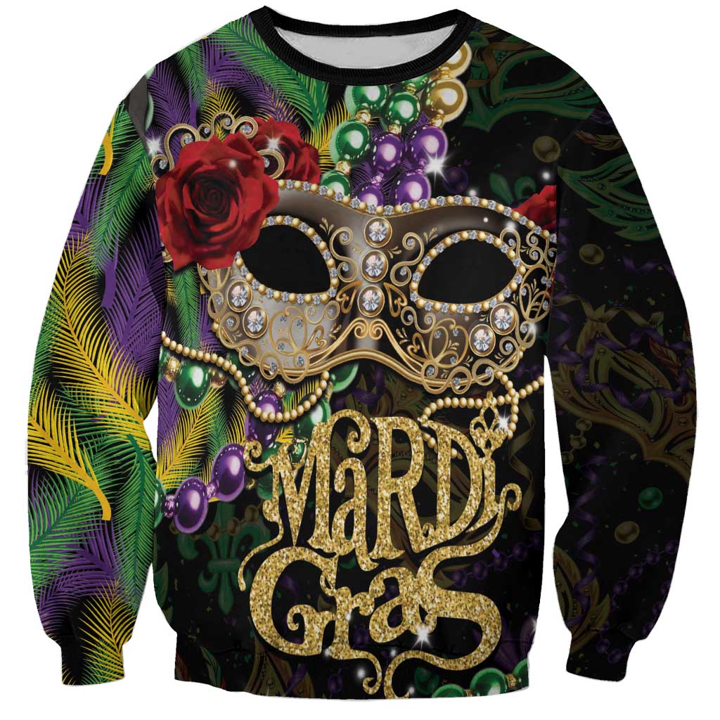 Mardi Gras 2025 Sweatshirt Beadeds With Gorgeous Mask - Wonder Print Shop