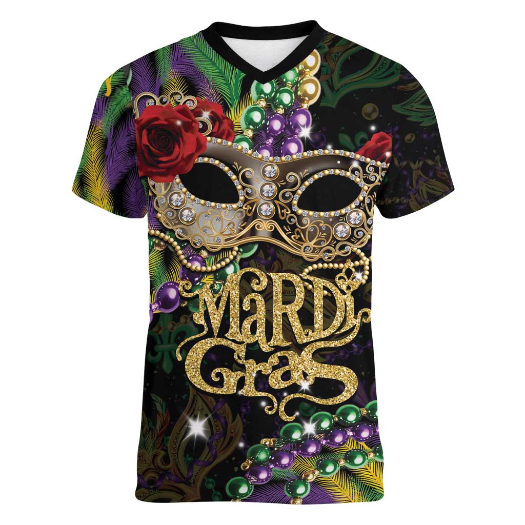 Mardi Gras 2025 Women V-Neck T-Shirt Beadeds With Gorgeous Mask - Wonder Print Shop