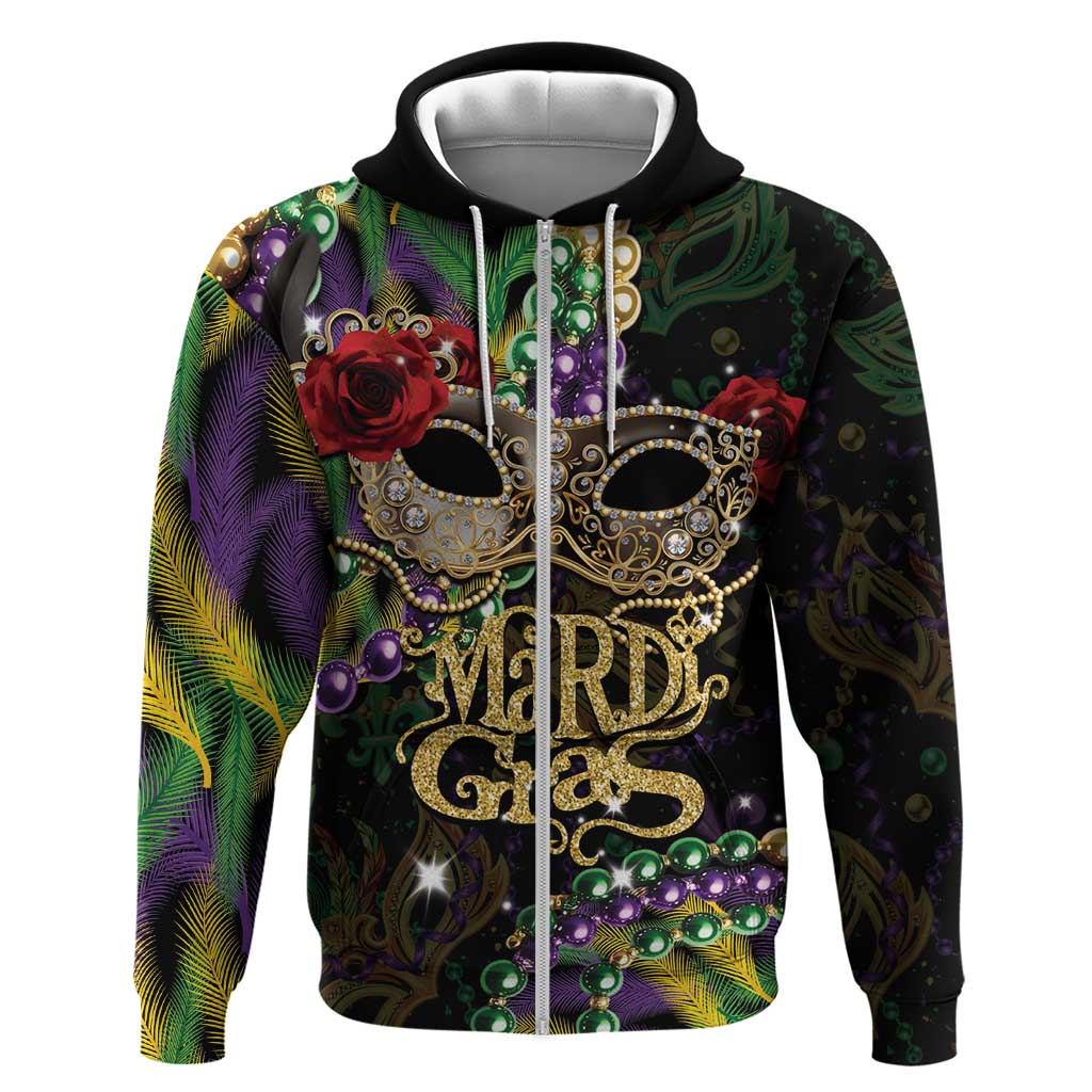 Mardi Gras 2025 Zip Hoodie Beadeds With Gorgeous Mask - Wonder Print Shop