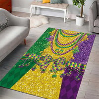Mardi Gras area rug with purple-gold fleur-de-lis necklace motif and green/yellow checkered blocks