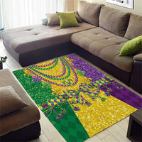 Mardi Gras area rug with large fleur-de-lis beaded necklace, green purple and gold checkered design