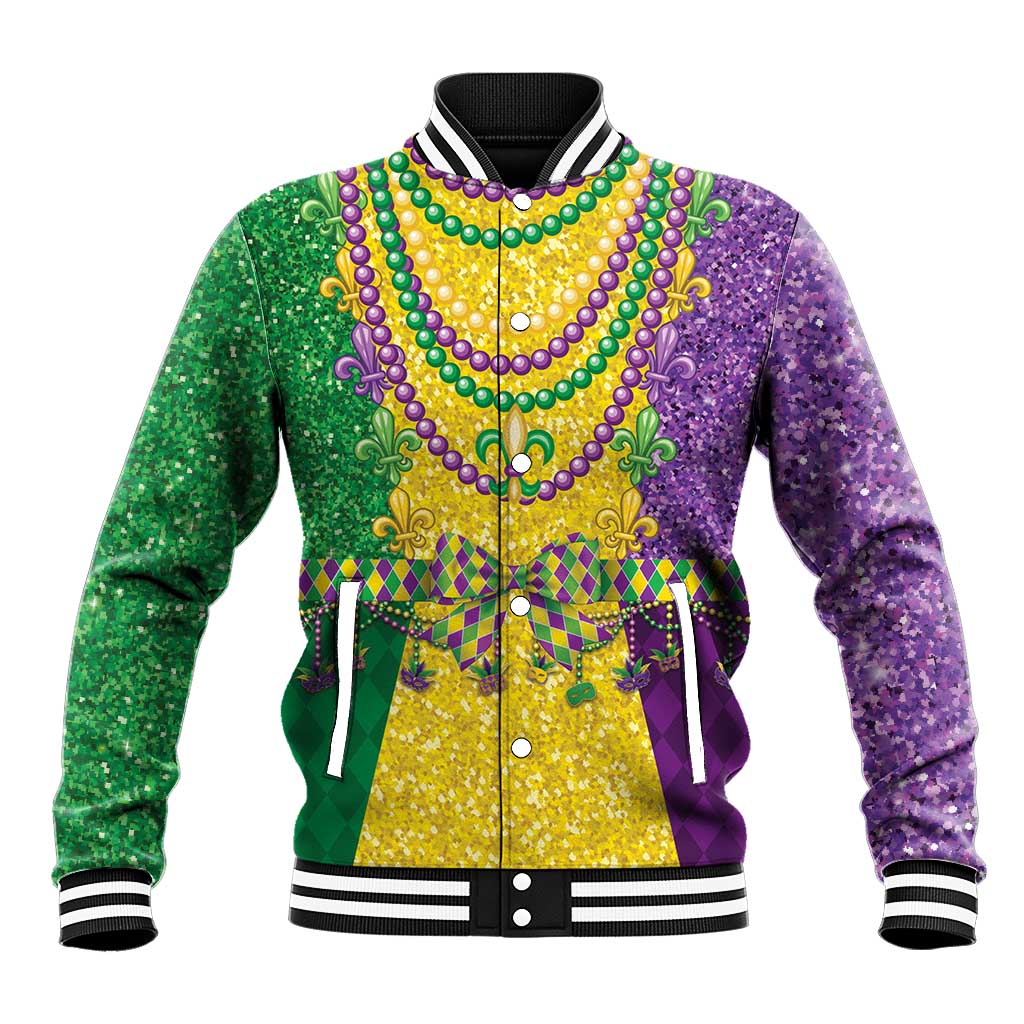 Colorful Mardi Gras baseball jacket with beaded fleur-de-lis necklace graphic