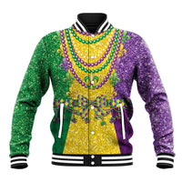 Colorful Mardi Gras baseball jacket with beaded fleur-de-lis necklace graphic