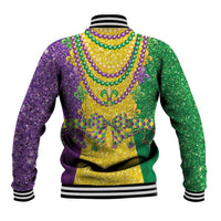 Colorful Mardi Gras baseball jacket back with beaded fleur-de-lis necklace graphic