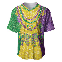 Mardi Gras baseball jersey with glitter bead necklace pattern, purple green gold fleur-de-lis