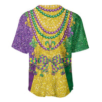 Mardi Gras baseball jersey back with glitter bead necklace pattern, purple green gold fleur-de-lis