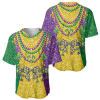 Mardi Gras baseball jersey from two angles, glitter bead necklace pattern, fleur-de-lis