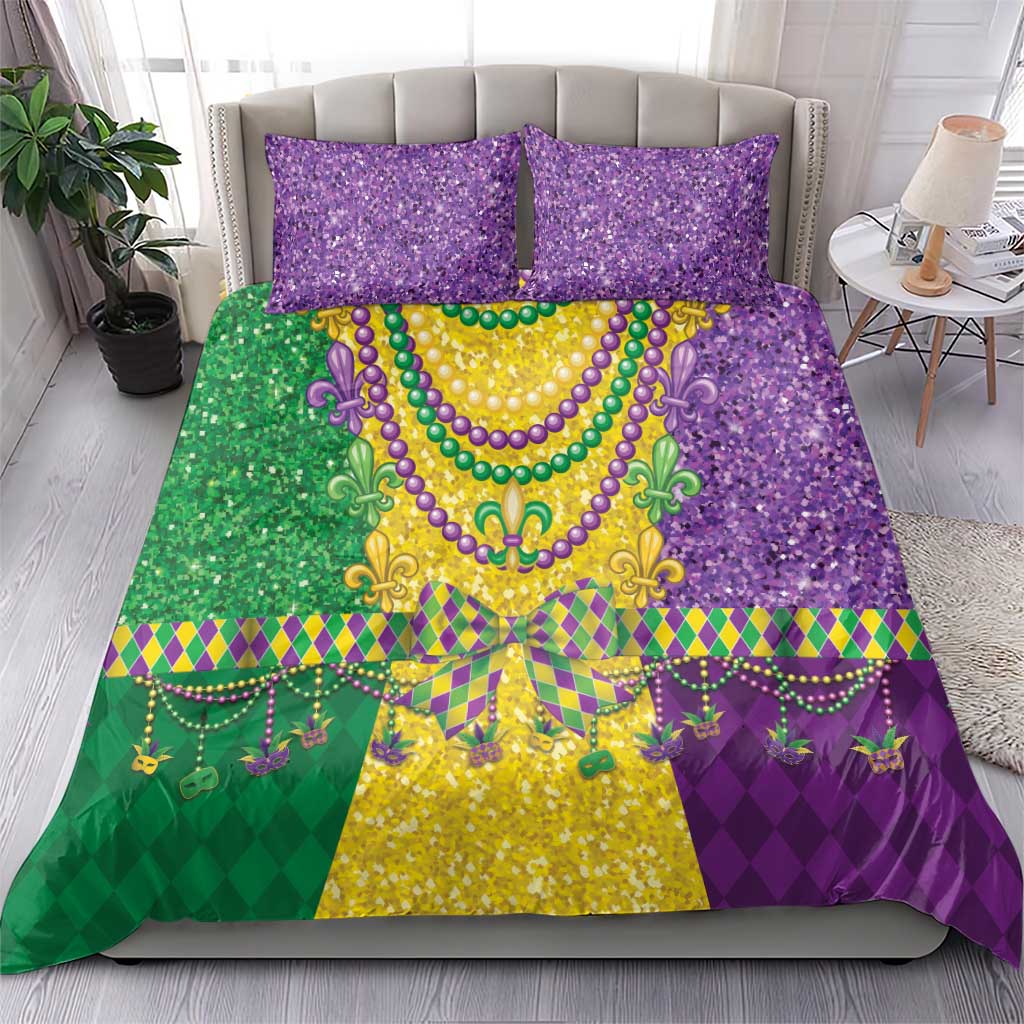 Mardi Gras bedding set featuring two purple glitter pillows and a fleur-de-lis bead necklace print