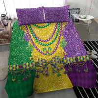 Mardi Gras bedding set with purple glitter pillows and central fleur-de-lis beaded necklace artwork