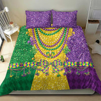 Mardi Gras bedding set with two purple glitter pillows and multicolor fleur-de-lis motif bedcover