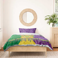 Mardi Gras bedding set with purple glitter pillow and green-yellow-purple fleur-de-lis bedcover
