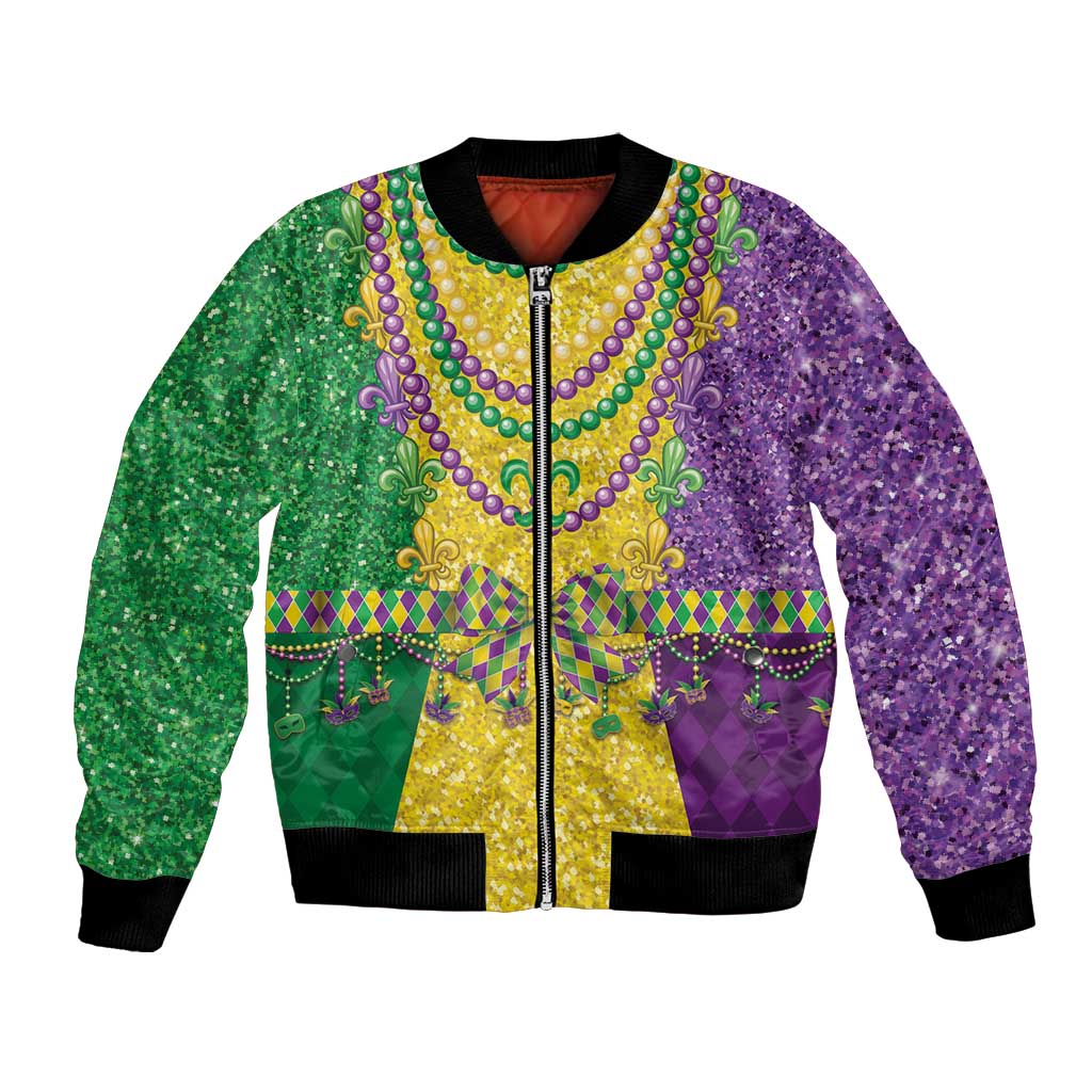 Unisex glitter bomber jacket with purple-green design, zip front, fleur-de-lis beaded necklace