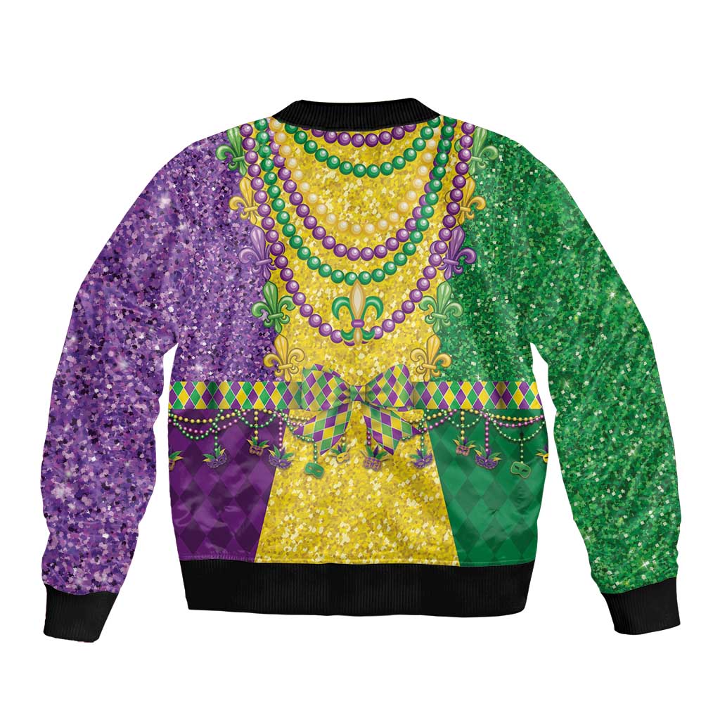 Unisex glitter bomber jacket with purple and green bead-pattern, ribbed cuffs, zip front