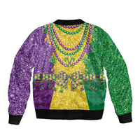 Unisex glitter bomber jacket with purple and green bead-pattern, ribbed cuffs, zip front