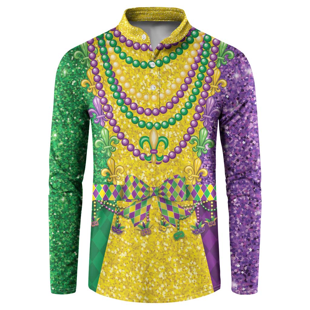 Long-sleeve button henley sweatshirt with multicolor fleur-de-lis beadwork graphic