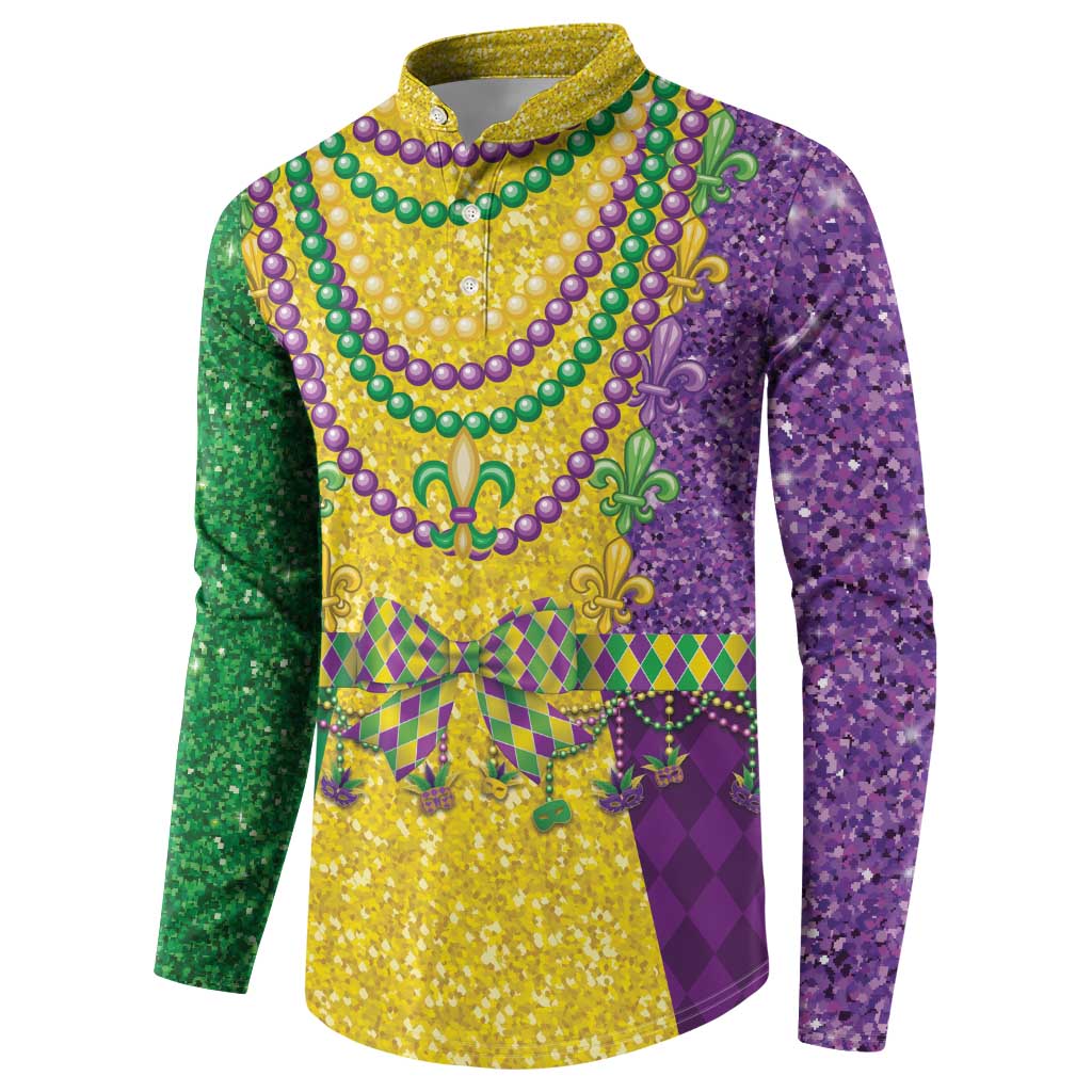 Long-sleeve button henley sweatshirt with front beaded fleur-de-lis necklace print