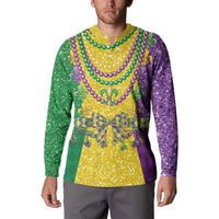 Long-sleeve button henley sweatshirt worn by model, front beaded fleur-de-lis print