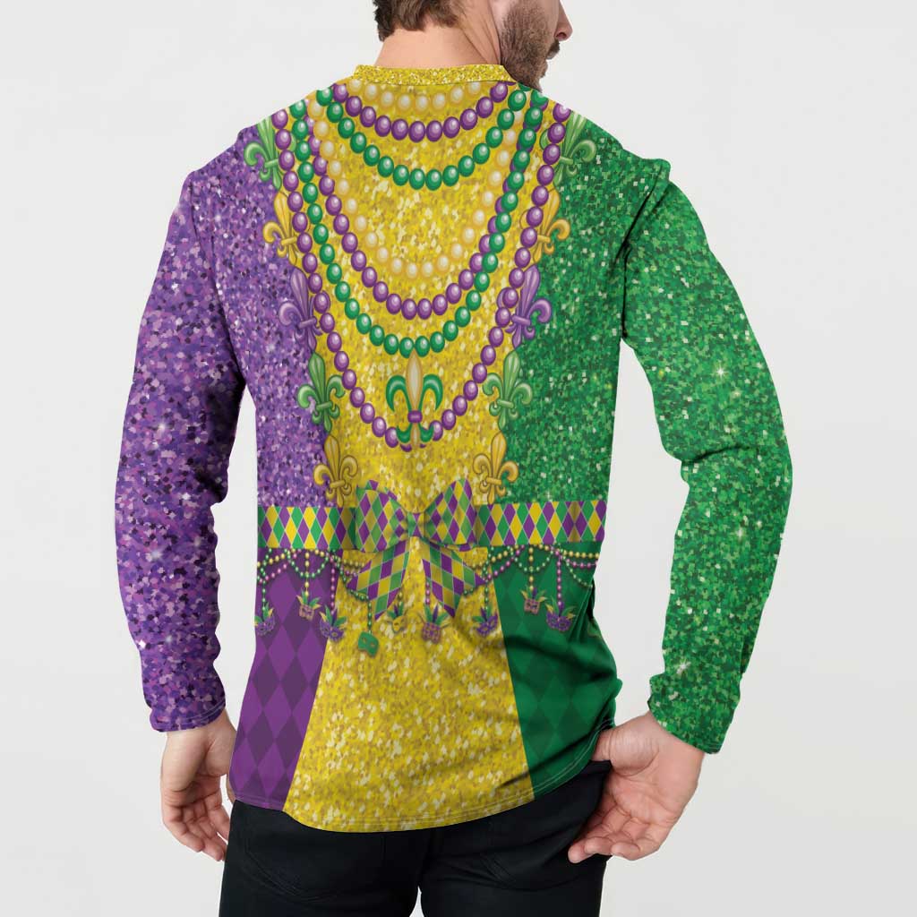 Long-sleeve button henley sweatshirt worn by model, back beaded fleur-de-lis print