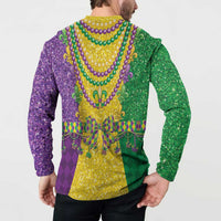 Long-sleeve button henley sweatshirt worn by model, back beaded fleur-de-lis print